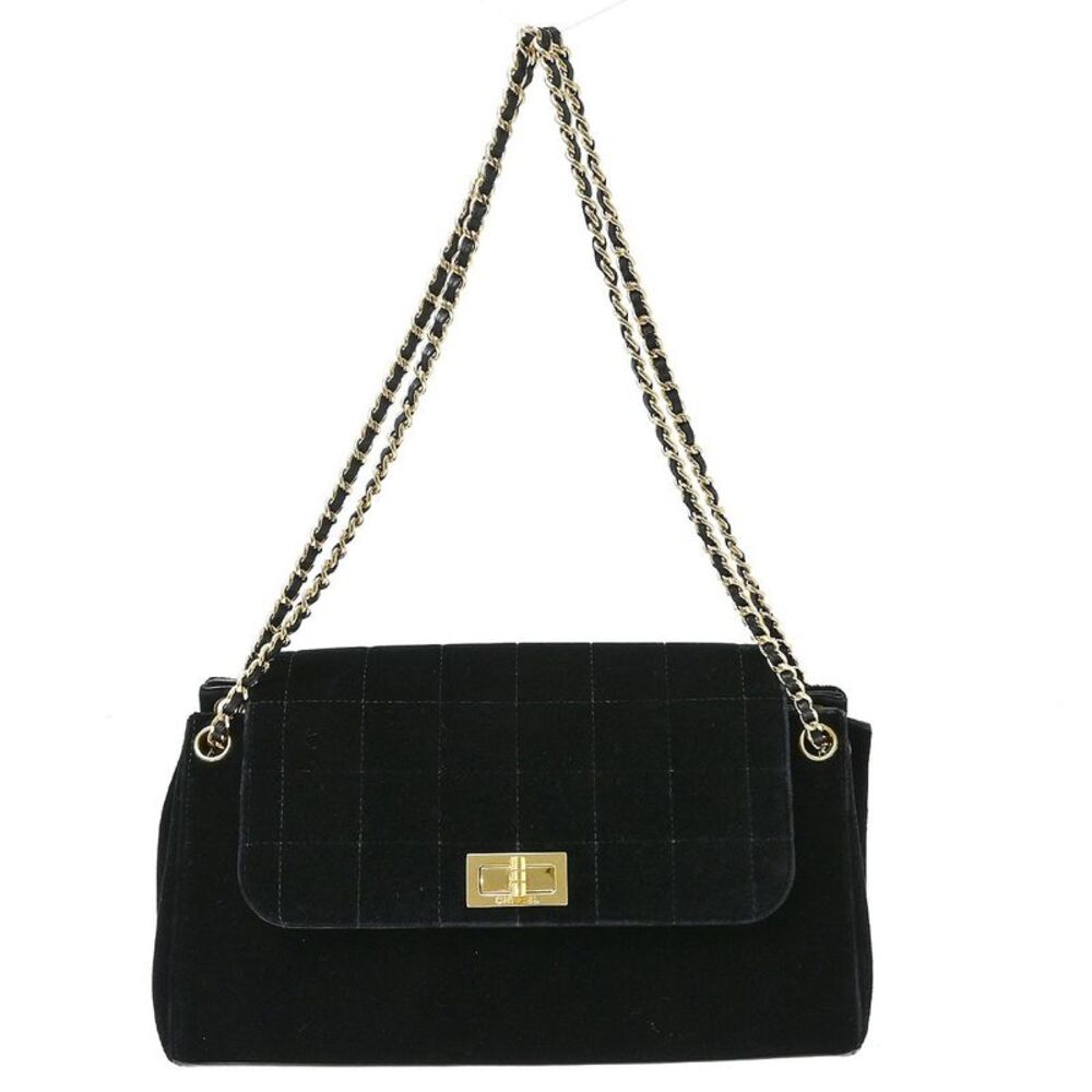 Chanel Chocolate Bar Mademoiselle Lock Chain Quilted Velvet Black Velvet